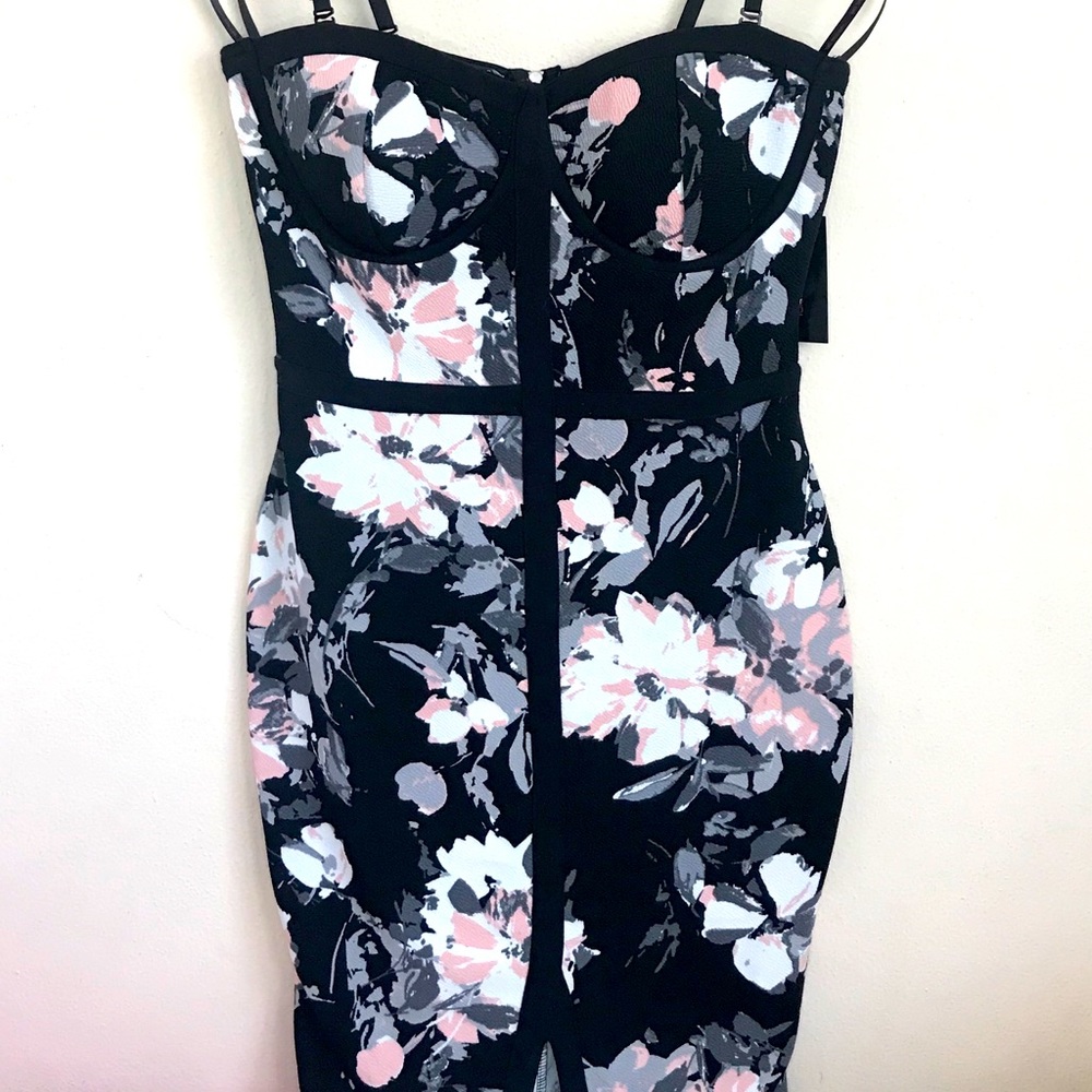 Material Girl Black Floral Strapless Bodycon Dress with Pink & Gray Flowers